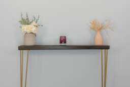 Rustic Reclaimed Wood Console Table - Slimline Radiator Shelf Gold Hairpin Legs Narrow Entryway Custom Finishes - thumbnail 1