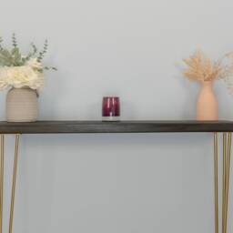 Rustic Reclaimed Wood Console Table - Slimline Radiator Shelf Gold Hairpin Legs Narrow Entryway Custom Finishes - thumbnail 3