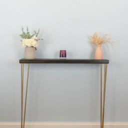 Rustic Reclaimed Wood Console Table - Slimline Radiator Shelf Gold Hairpin Legs Narrow Entryway Custom Finishes - thumbnail 2