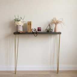 Rustic Reclaimed Wood Console Table - Slimline Radiator Shelf Gold Hairpin Legs Narrow Entryway Custom Finishes - thumbnail 2
