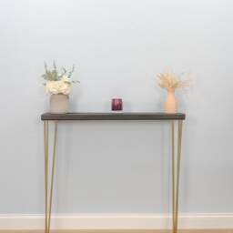 Rustic Reclaimed Wood Console Table - Slimline Radiator Shelf Gold Hairpin Legs Narrow Entryway Custom Finishes - thumbnail 3