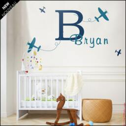 Custom Kid Name Wall Decal Initial & Airplane Monogram - thumbnail 2