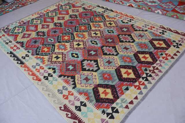 7x10 Ft Afghan Flatweave Kilim Rug, Handmade Wool Turkmen Tribal Beige Purple Orange Geometric Bedroom Living Room Rug - image 1