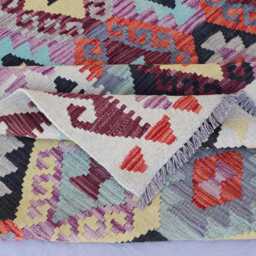 7x10 Ft Afghan Flatweave Kilim Rug, Handmade Wool Turkmen Tribal Beige Purple Orange Geometric Bedroom Living Room Rug - thumbnail 4