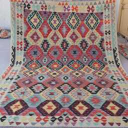 7x10 Ft Afghan Flatweave Kilim Rug, Handmade Wool Turkmen Tribal Beige Purple Orange Geometric Bedroom Living Room Rug - thumbnail 2