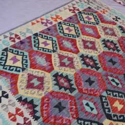 7x10 Ft Afghan Flatweave Kilim Rug, Handmade Wool Turkmen Tribal Beige Purple Orange Geometric Bedroom Living Room Rug - thumbnail 3