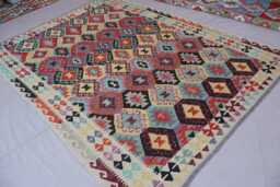 7x10 Ft Afghan Flatweave Kilim Rug, Handmade Wool Turkmen Tribal Beige Purple Orange Geometric Bedroom Living Room Rug - thumbnail 1