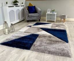 New Silky Soft Navy Blue, Grey, Silver, Tufted Triangles 3D Design Rug