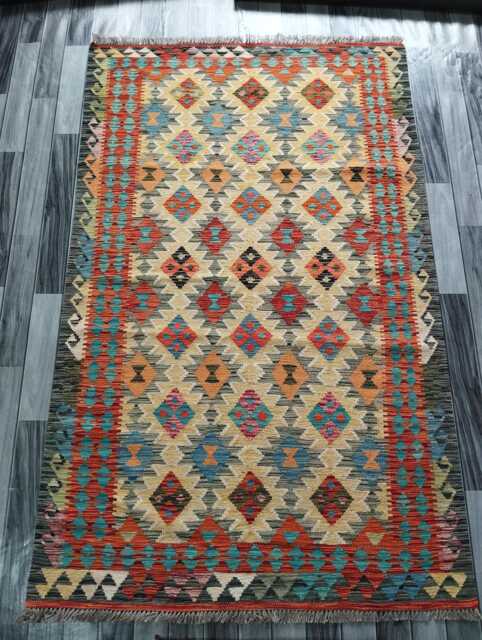 Classic Kilim Rug, Handmade Artisan Afghan Turkish Scandinavian Navajo Bohemian Wool Flatweave Multicolour Rug 203x127 cm - image 1