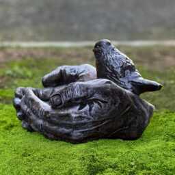 Bird in Hands Statue Stone Caring With Bird Sculpture Concrete Bowl Figurine Handmade Animal Ornament Garden Peace Decor - thumbnail 2