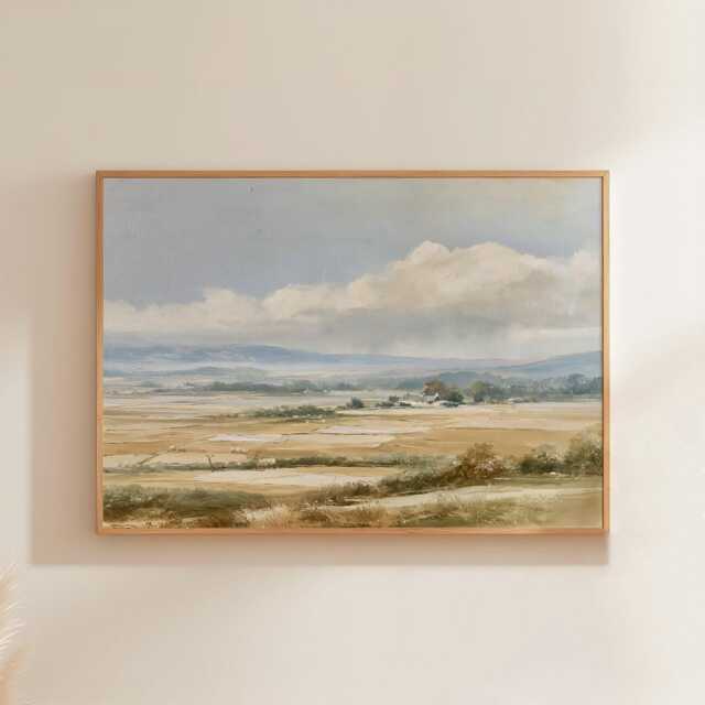 Golden Field Poster, Neutral Countryside Wall Art, Rural Painting - image 1