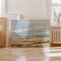 Golden Field Poster, Neutral Countryside Wall Art, Rural Painting - thumbnail 4