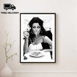 Vintage Girl Eating Spaghetti Italian Print, Luxury Fashion, Fine Art Photography Wall Art, Museum Quality Black & White Poster - thumbnail 1