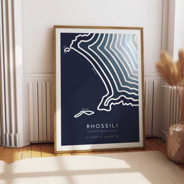 Rhossili Coastline Art Print Minimalist South Wales Coastal Map - Free Personalization - image 1
