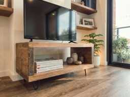Solid Wood Tv Unit With Metal Legs/Rustic Handmade Timber Stand Coffee Table Chunky