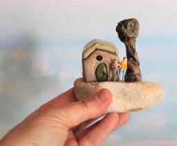 Couples Gift, Anniversary Small Whimsical Art Gift Of A Stone & Clay Miniature - thumbnail 1