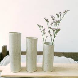 Set Of 3 Pottery White Handmade Flower Vases, Ceramic Modern Vase Set, Decorative Shelf Vase, Minimalist Unique Stoneware - thumbnail 2