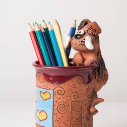 Handmade Ceramic Pen/Pencil Holder, Dog Design, Pencil Box With Fun Animals, Christmas Gift For Kids Organizing - thumbnail 2
