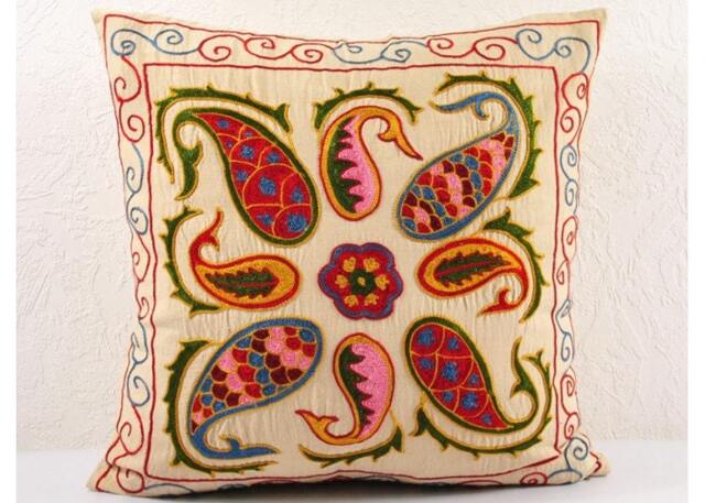 Hand-Embroidered Silk Suzani Pillow Cover - image 1