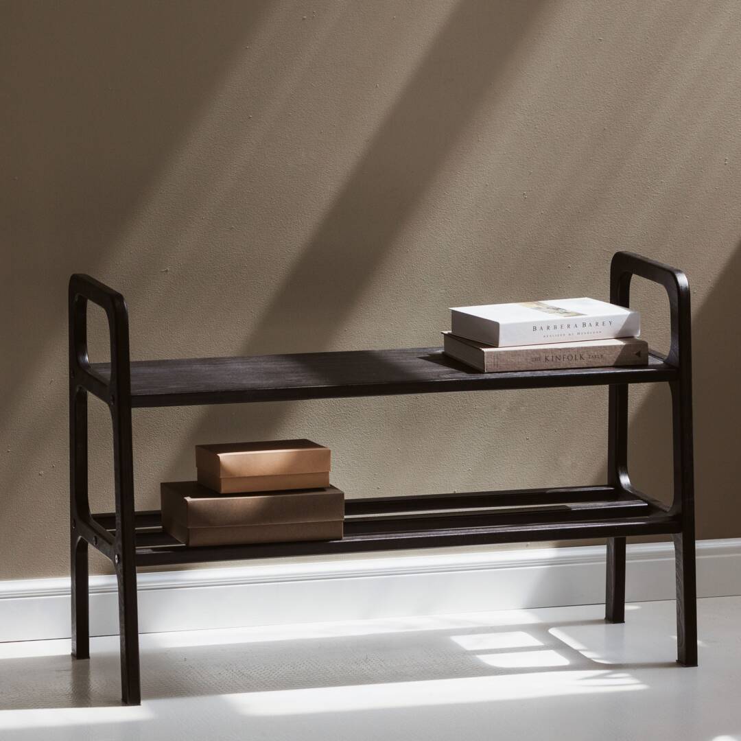 Black Mid Century Modern Bench, Entryway Shoe Storage, Wood