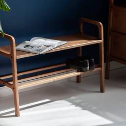 Black Mid Century Modern Bench, Entryway Shoe Storage, Wood Storage Bench - thumbnail 2