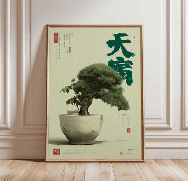 Bonsai Tree Poster, Japanese Zen Wall Art, Minimalist Green Botanical Print, Asian Calligraphy Artwork, Wabi Sabi Nature Decor - image 1