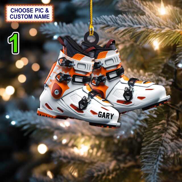 Custom Name Ski Boots Christmas Ornament, Tree Hanging Decor, Flat 2D Ornament Acrylic/ Wooden, Xmas Gift For Skiing Lover - image 1