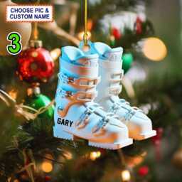 Custom Name Ski Boots Christmas Ornament, Tree Hanging Decor, Flat 2D Ornament Acrylic/ Wooden, Xmas Gift For Skiing Lover - thumbnail 3