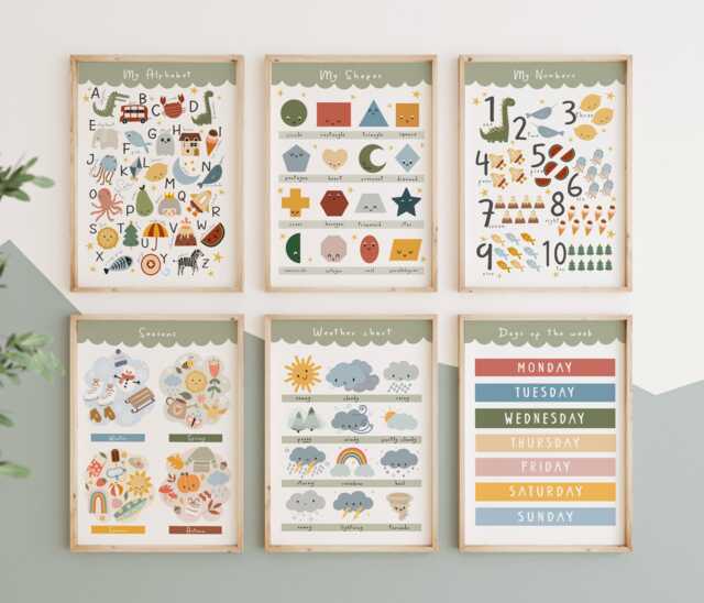 Set Of 6 Educational Prints, Shapes, Weather, Days The Week, Alphabet & Numbers Classroom Playroom Decor - image 1