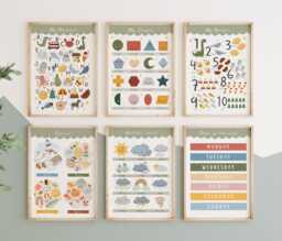 Set Of 6 Educational Prints, Shapes, Weather, Days The Week, Alphabet & Numbers Classroom Playroom Decor - thumbnail 1