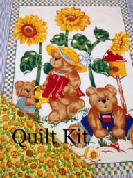 Sunflower Teddy Bear Baby Blanket Quilt Kit, Yellow Blue Green, Quilt Kit, Checks, Striped, Top Back & Binding, Plaid Border, Easy