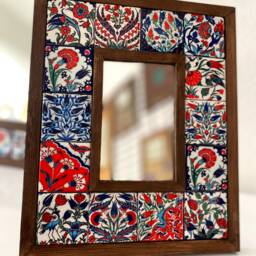 Ceramic & Wooden Mirror, Wall Decor, Turkish Traditional Ethnic Style, Art Deco Tile Mirror - thumbnail 2