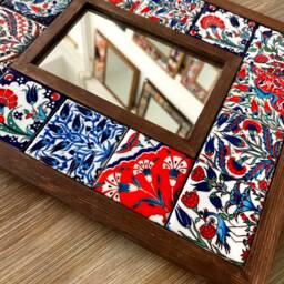 Ceramic & Wooden Mirror, Wall Decor, Turkish Traditional Ethnic Style, Art Deco Tile Mirror - thumbnail 3