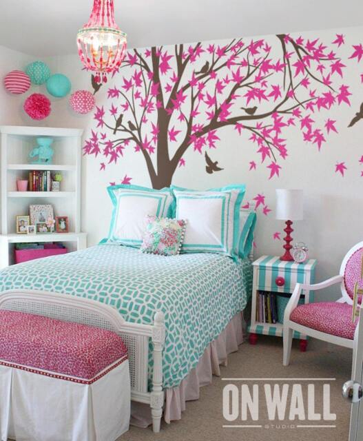 Pink Leaves Tree Vinyl Decal With Birds - Nature Wall Art For Home & Office Decor Easy To Apply Remove - K024B - image 1