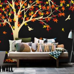 Pink Leaves Tree Vinyl Decal With Birds - Nature Wall Art For Home & Office Decor Easy To Apply Remove - K024B - thumbnail 3