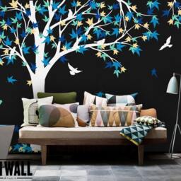 Pink Leaves Tree Vinyl Decal With Birds - Nature Wall Art For Home & Office Decor Easy To Apply Remove - K024B - thumbnail 2