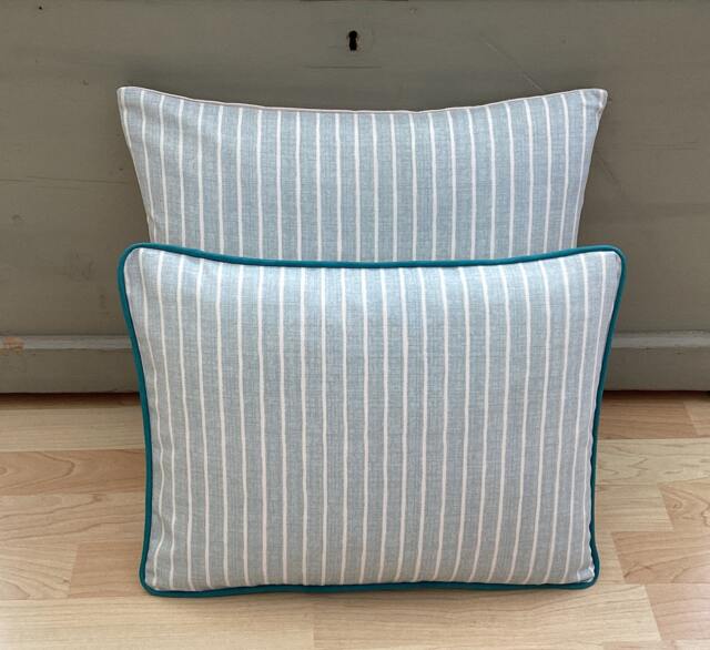 Handmade Linen Aqua Teal Ticking Country Coastal Stripe Throw Pillow Sham Cushion Cover - image 1
