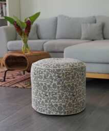 Beige Blue Ottoman Pouf - Geometric Cotton Floor Cushion With Optional Natural Kapok Fill