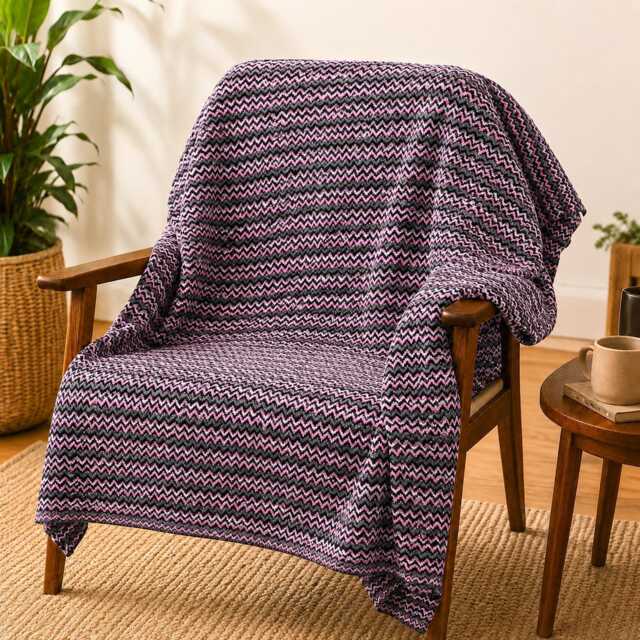 Pink Grey Geometric Throw Blanket - Large Soft Sofa Slip Cover Boho Bedspread Woven in Portugal From Recycled Cotton - image 1