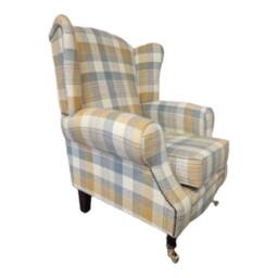 Queen Anne Wingback Chair Cornflower Blue Tartan, Brass Castor Legs - thumbnail 2