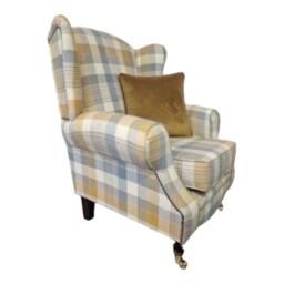 Queen Anne Wingback Chair Cornflower Blue Tartan, Brass Castor Legs