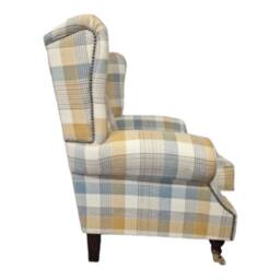 Queen Anne Wingback Chair Cornflower Blue Tartan, Brass Castor Legs - thumbnail 3
