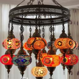 15 Ball Turkish Sultan Mosaic Chandelier, Large Globes - thumbnail 3