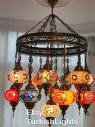 15 Ball Turkish Sultan Mosaic Chandelier, Large Globes