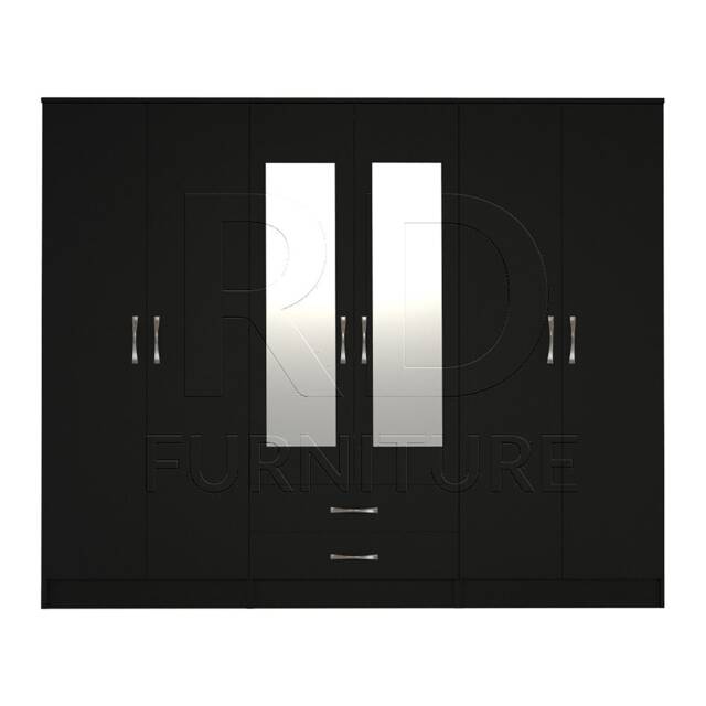 Black Wardrobe, Large Wardrobe Ready Assembled Classic 6 Door Mirrored - image 1