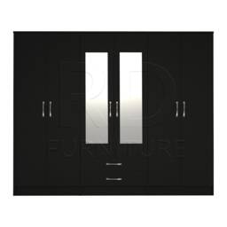 Black Wardrobe, Large Wardrobe Ready Assembled Classic 6 Door Mirrored - thumbnail 1