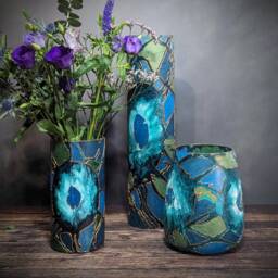 Blue-Green Hand-Painted Glass Vase - Jewel Collection Decorative With Bronze Accents Unique Handmade Home Decor Gift Idea - thumbnail 3