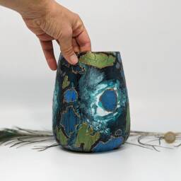 Blue-Green Hand-Painted Glass Vase - Jewel Collection Decorative With Bronze Accents Unique Handmade Home Decor Gift Idea - thumbnail 2