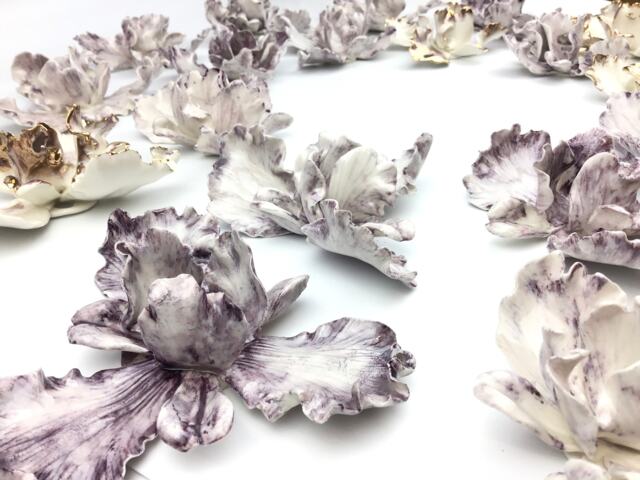 Hand Sculpted Porcelain Iris Flower Wall Decor - Purple & Gold Ceramic Art - image 1