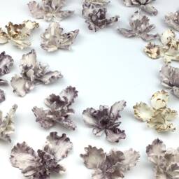 Hand Sculpted Porcelain Iris Flower Wall Decor - Purple & Gold Ceramic Art - thumbnail 2